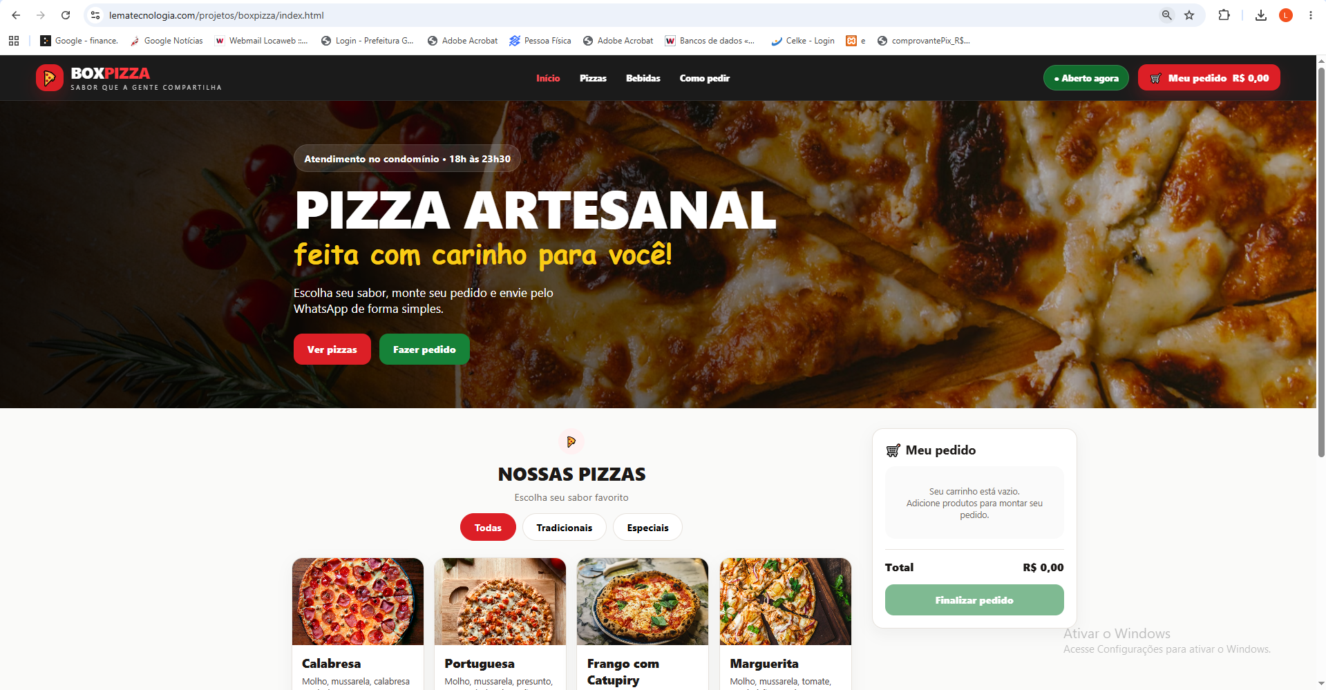 Tela desktop do BoxPizza