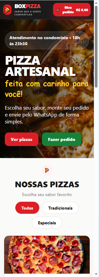 Tela mobile do BoxPizza